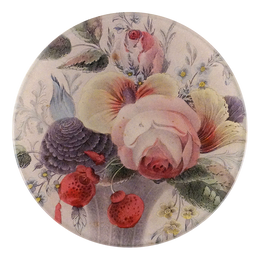 A five inch round glass plate featuring a handblown glass design with a floral pattern, including roses and other flowers in a multicolored palette.