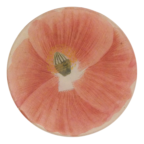 A  five inch round glass plate with a pink poppy flower design.