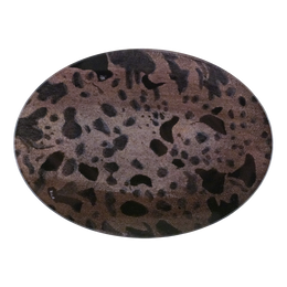 A five inch by seven inch oval glass plate featuring a mottled brown and black glaze pattern.