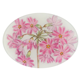 A five inch by seven inch oval glass plate with pink floral design on a white background.
