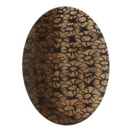 A five inch by seven inch oval glass plate featuring an intricate, repeating floral or coral-like pattern in metallic gold and dark brown tones, isolated on a solid white background.