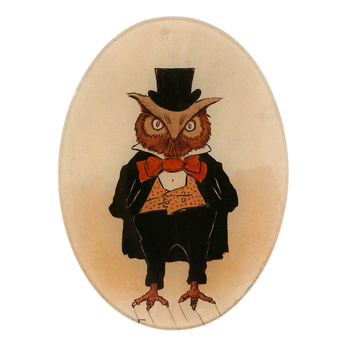 A five inch by seven inch vertical oval plate featuring an owl in a tux with a red bow and top hat. 