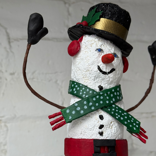 Papier-Mâché Snowman with Polka Dot Scarf and Black Hat