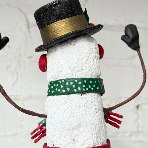 Papier-Mâché Snowman with Polka Dot Scarf and Black Hat