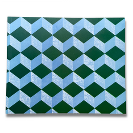 A rectangular notebook with a printed cover featuring a 3D optical illusion geometric pattern of green and light blue cubes, shown against a plain white background with a subtle drop shadow.