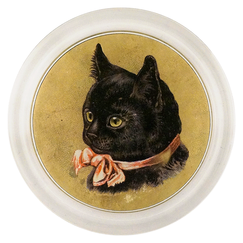 A decorative 6-inch coaster featuring a vintage print of a black kitten with a red collar, set against a beige background, handmade in a New York City studio.
