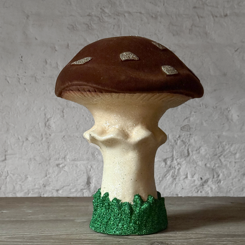 Large Flocked Glitter Mushroom in Brown with Gold