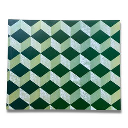A rectangular notebook with a printed cover featuring a 3D geometric cube pattern in shades of dark green, light sage green, and textured silver-white, shown against a plain white background.