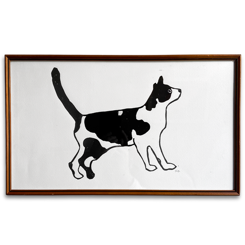Hugo Guinness "Black & White Cat Tail with Tail Up" Linocut in a Vintage Frame