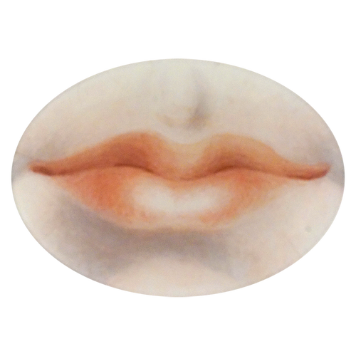 A seven inch by ten inch horizontal glass plate featuring a close up illustration of lips. 