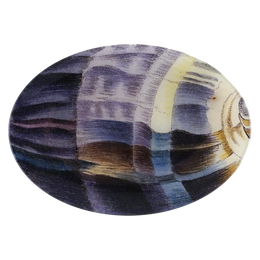 A seven inch by ten inch horizontal oval glass plate featuring a textured, painterly abstract design in shades of purple, blue, black, brown, and cream.