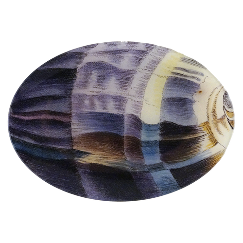 A seven inch by ten inch horizontal oval glass plate featuring a textured, painterly abstract design in shades of purple, blue, black, brown, and cream.