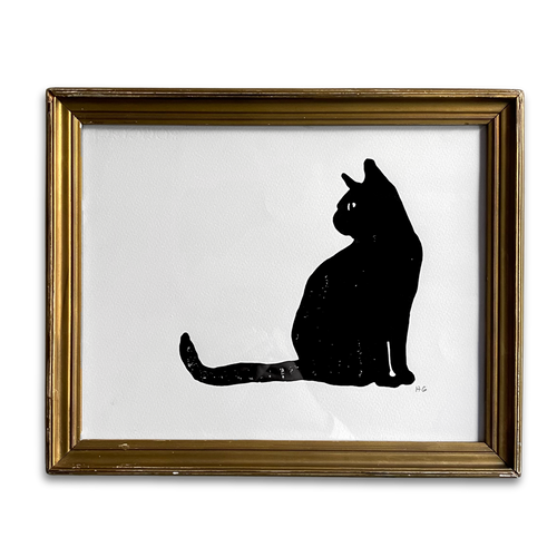 Hugo Guinness "Black Cat" Linocut in a Vintage Frame