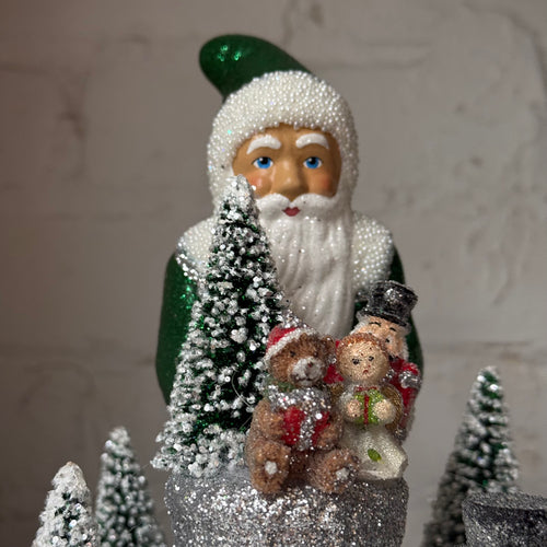 Papier-Mâché Santa in Forest Green with Toys