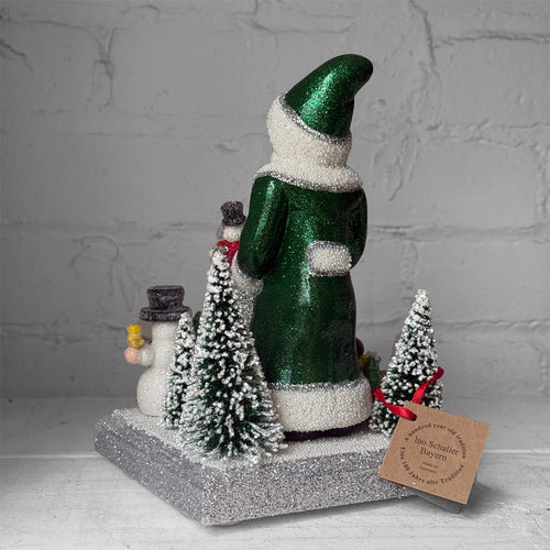 Papier-Mâché Santa in Forest Green with Toys