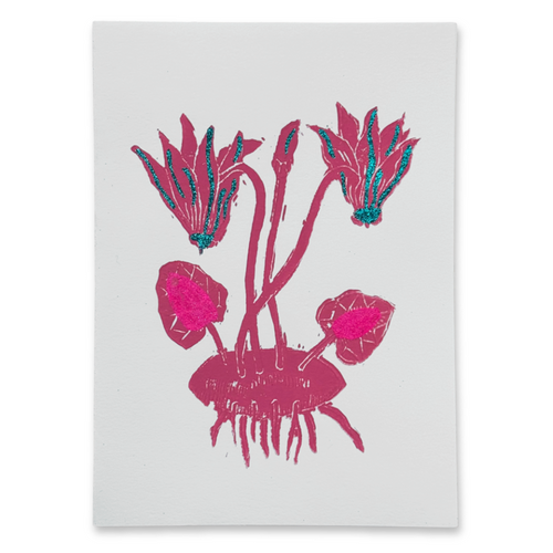 Block Printed Pink Cyclamen Folded Card