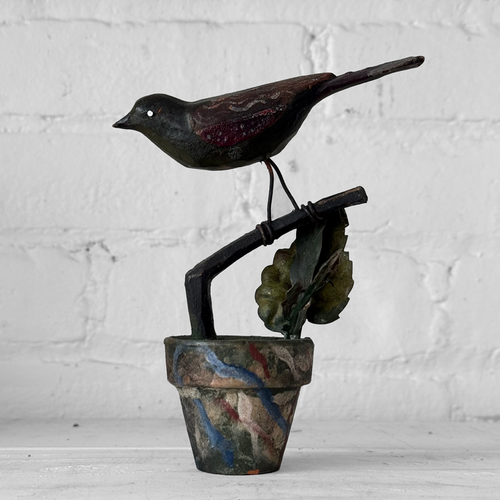 Black Forest Carved Perched Bird on Clay Pot (#8)
