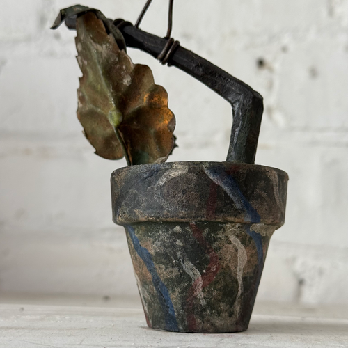 Black Forest Carved Perched Bird on Clay Pot (#8)