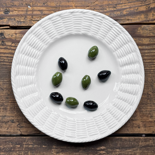 Trompe L'oeil Olives Plate with Basket-Weave Rim