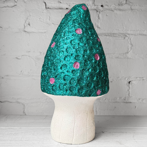 Glitter Morel Mushroom in Teal with Few Pink Dots