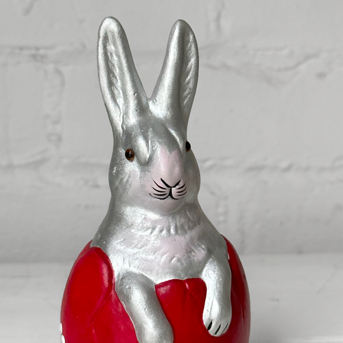 Ino Schaller Papier-Mâché Silver Bunny in Red Egg with Flowers
