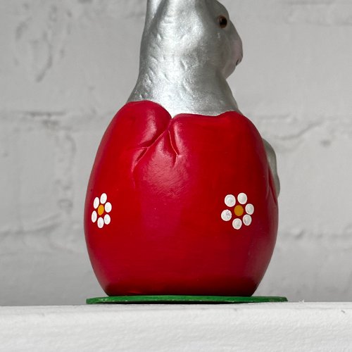 Ino Schaller Papier-Mâché Silver Bunny in Red Egg with Flowers