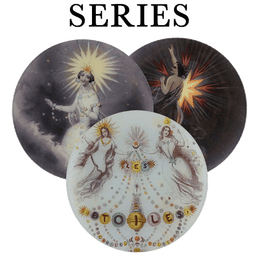 A set of three round ten inch glass plates with a celestial and theatrical design, titled 'Series'.