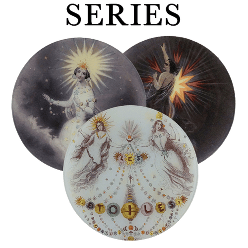 A set of three round ten inch glass plates with a celestial and theatrical design, titled 'Series'.