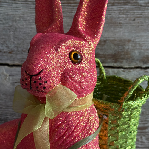 Ino Schaller Extra-Large Glitter Bunny with Bow and Basket in Neon Pink
