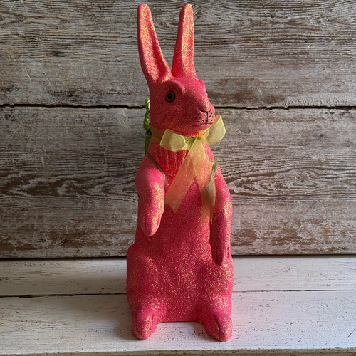 Ino Schaller Extra-Large Glitter Bunny with Bow and Basket in Neon Pink