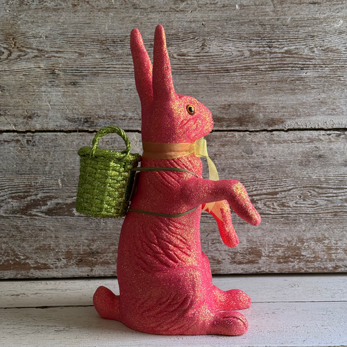 Ino Schaller Extra-Large Glitter Bunny with Bow and Basket in Neon Pink