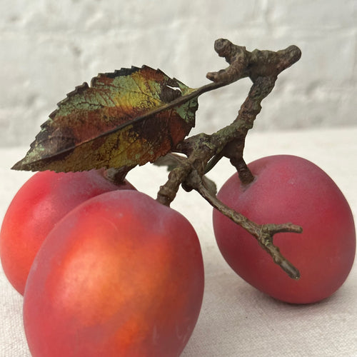 Triple Porcelain Santa Rosa Plum with Twig and Two Leaves