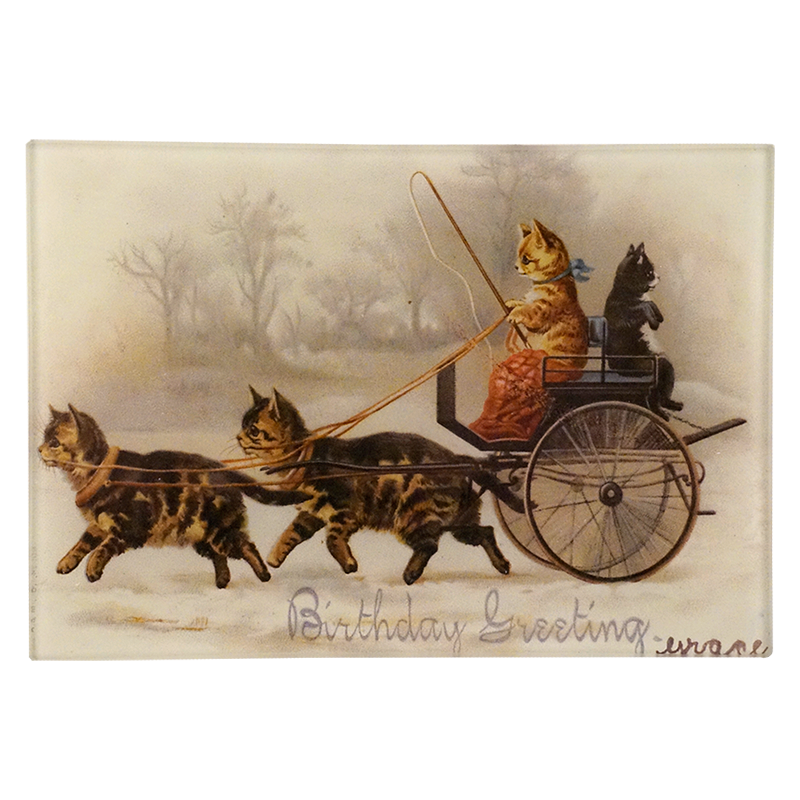 Cats pulling a cart, featuring text 'Birthday Greetings'.