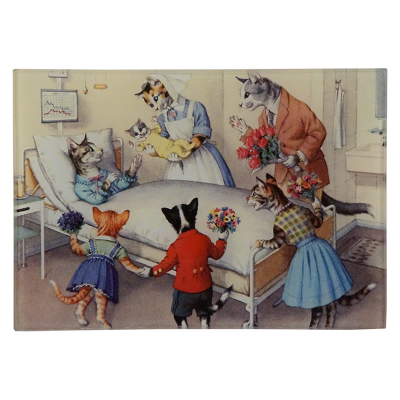 Illustration of cats in a delivery room with a nurse and flowers on a four and a half inch by six and a half inch glass tray. 