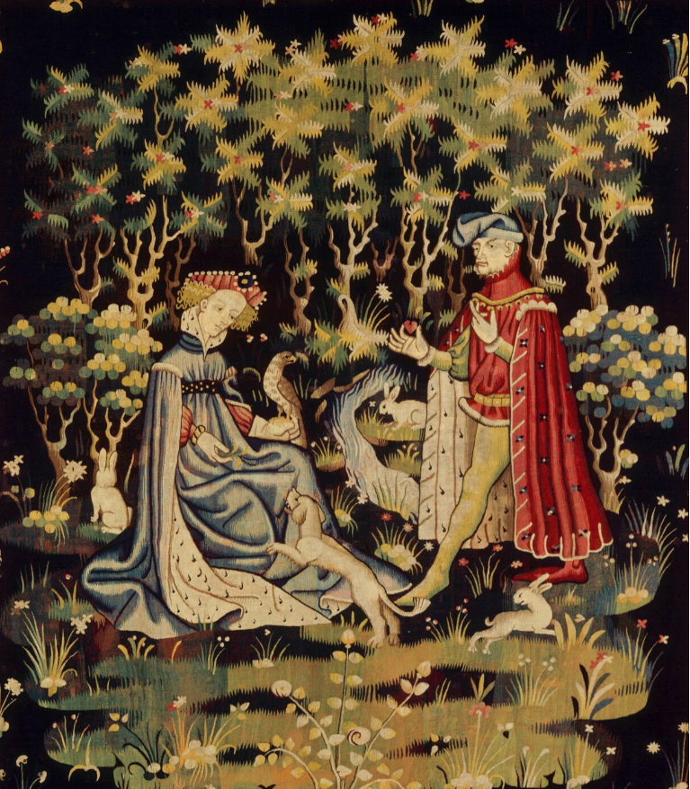 Tapestry with two figures in a forest setting, one in blue and the other in red, surrounded by nature.