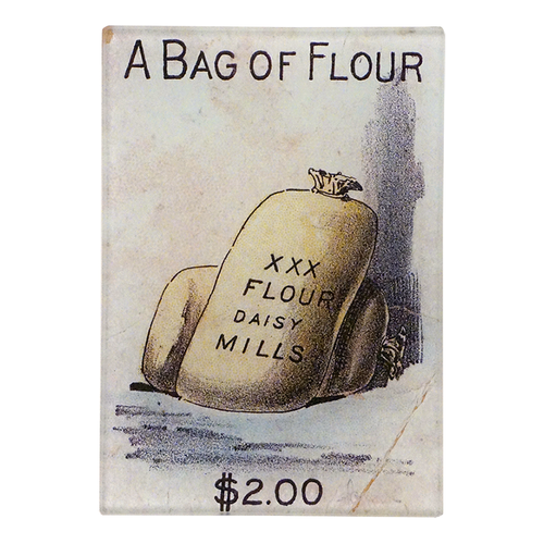 Vintage-style sign with a drawing of a flour bag and text 'A Bag of Flour' on a three and a half inch by five inch rectangular glass tray. 