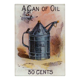 Vintage-style illustration of an oil can with text on a three and a half inch by five inch rectangular glass tray.