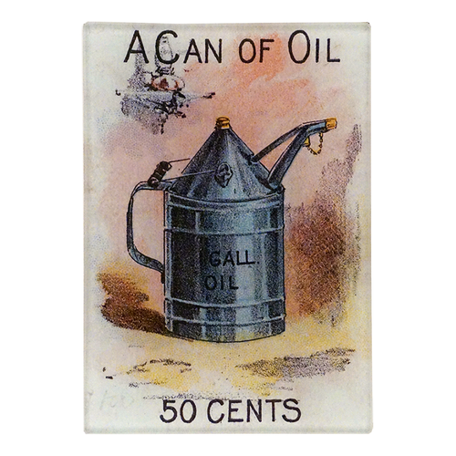 Vintage-style illustration of an oil can with text on a three and a half inch by five inch rectangular glass tray.