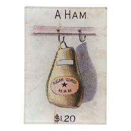 Vintage-style illustration of a 'Sugar Cured Ham' with text on a three and a half inch by five inch rectangular glass tray. 