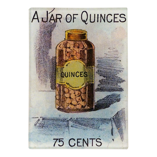 Vintage-style illustration of a jar labeled 'A Jar of Quinces' with a price tag on a three and a half inch by five inch rectangular glass tray. 