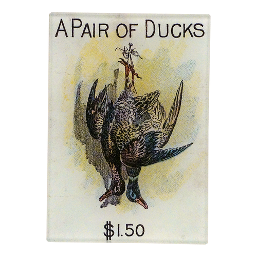 Vintage-style illustration of two ducks with text 'A Pair of Ducks' and price '$1.50' on a yellow background on a three and a half inch by five inch rectangular glass tray. 