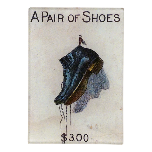 Illustration of a pair of shoes with text 'A Pair of Shoes $3.00' on a three and a half inch by five inch rectangular glass tray. 