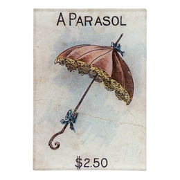Vintage-style illustration of a parasol with lace detailing and a price tag on a three and a half inch by five inch rectangular glass tray. 