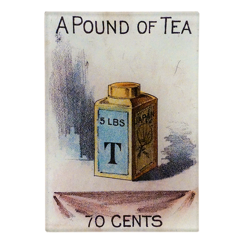 Vintage-style advertisement for 'A Pound of Tea' with a tea canister on a three and a half inch by five inch rectangular glass tray.