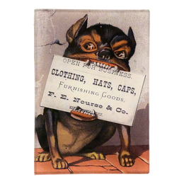 Vintage-style illustration of a dog holding a sign with business text on a three and a half by five inch rectangular glass tray. 