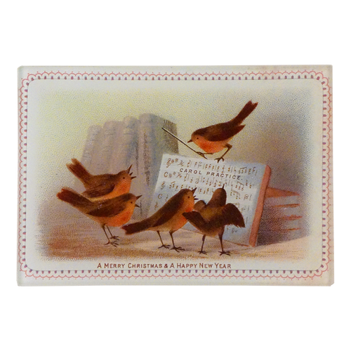 Five birds singing to sheet music with the text 'Carol Practice'.