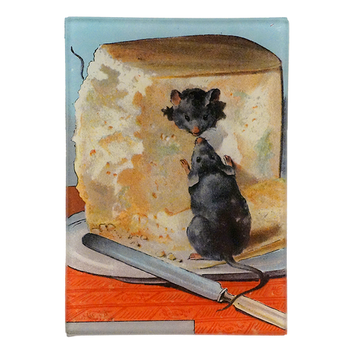 Two mice playing in a block of cheese on a three and a half inch by fie inch glass tray.