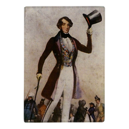 An illustrated of Charles Dickens from the 19th century on a three and a half inch by five inch glass tray.