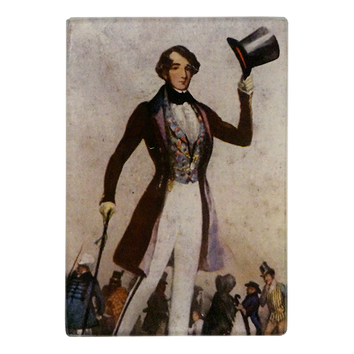 An illustrated of Charles Dickens from the 19th century on a three and a half inch by five inch glass tray.