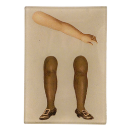 A three and a half inch by five inch rectangular glass tray featuring a vintage-style illustration of an arm and legs with shoes, set against a plain white background.